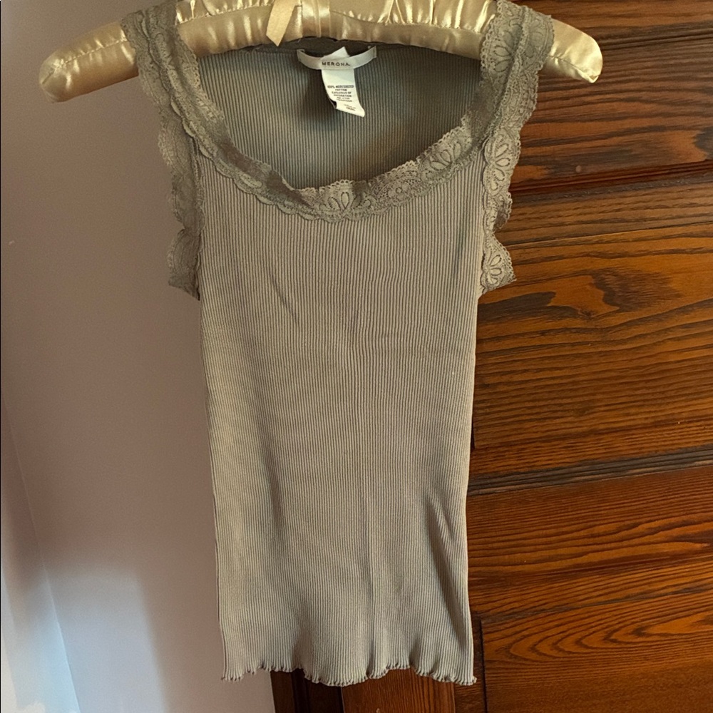 Vero Moda Ribbed Lace-Trim Tank Top — Taupe